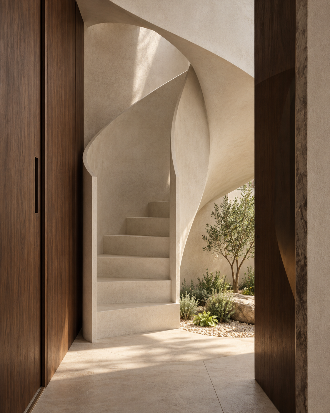 Scala scultorea accanto a un arco e a pareti materiche