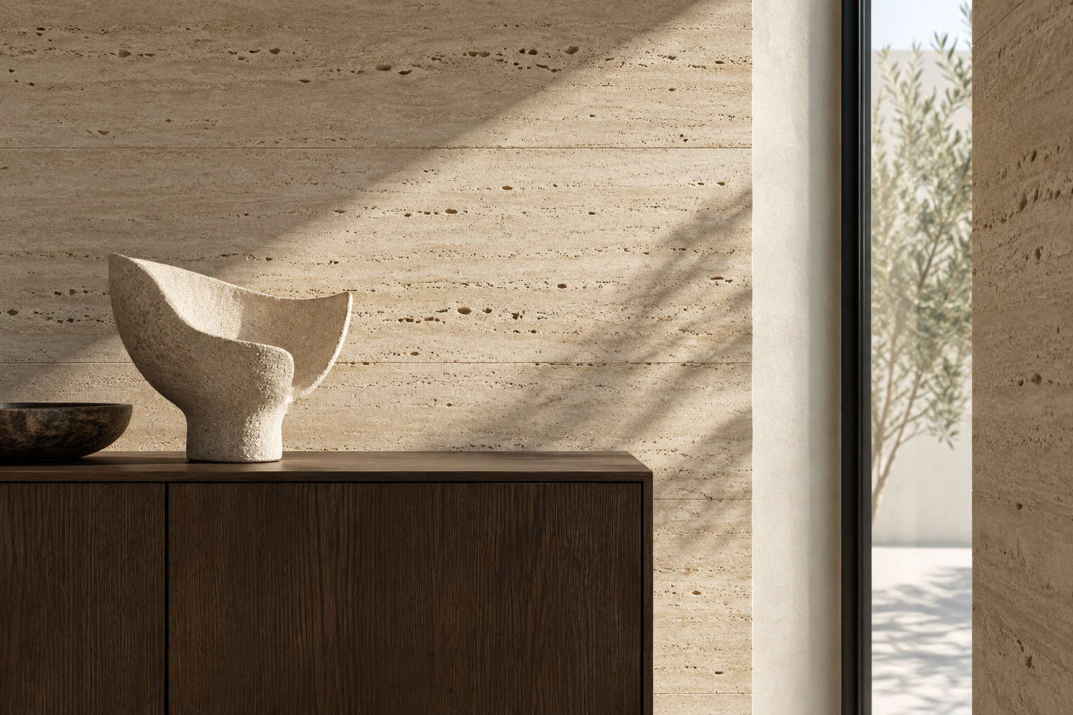 Travertino e legno scuro nella luce naturale