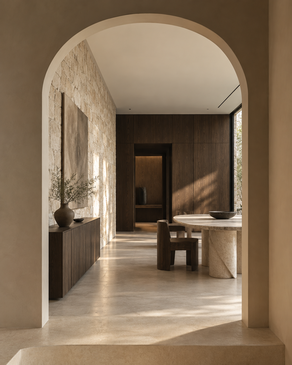 Arco in pietra che incornicia una zona pranzo in legno e travertino